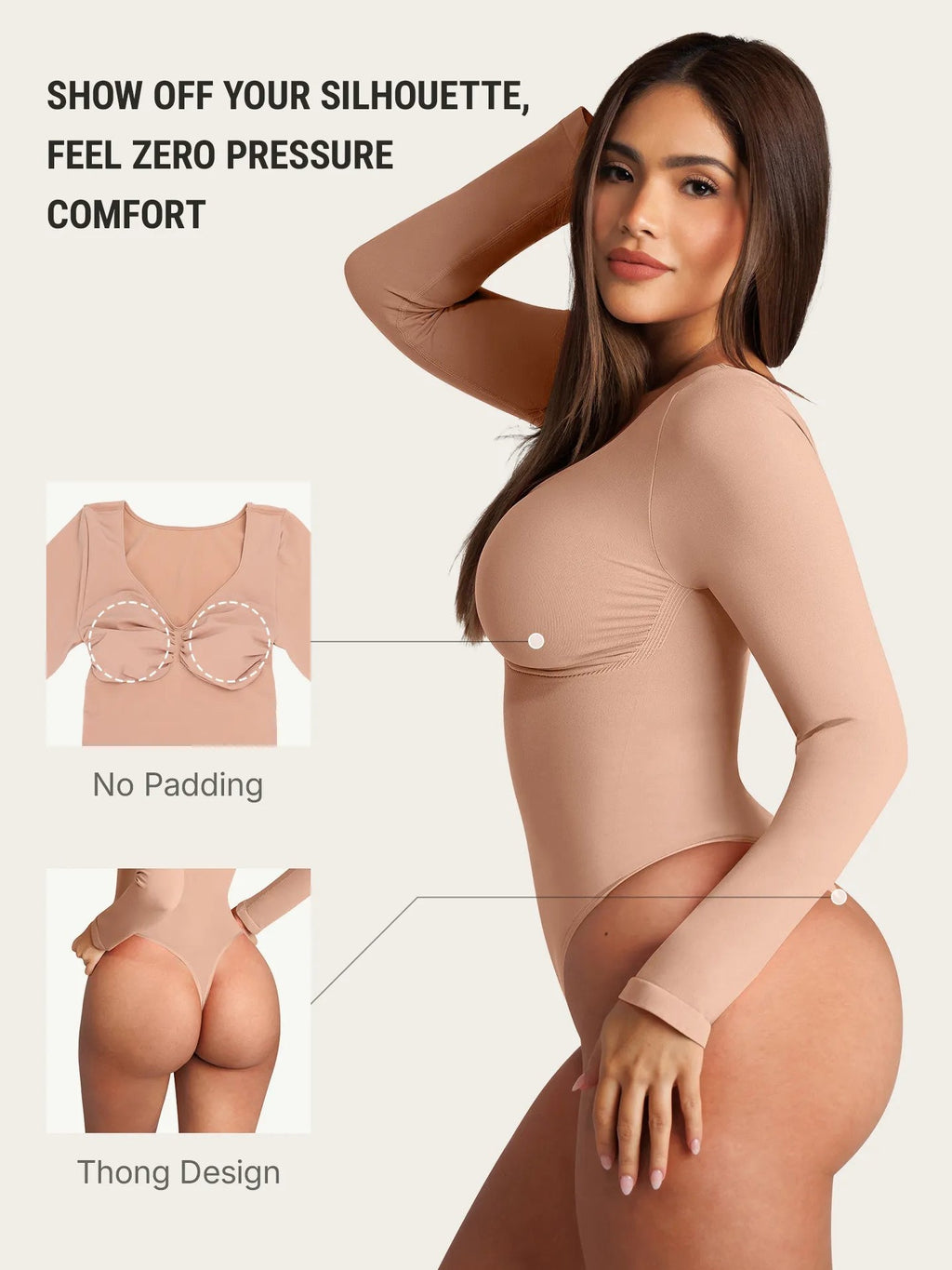 Seamless Long Sleeve Tummy Control Thong Bodysuit