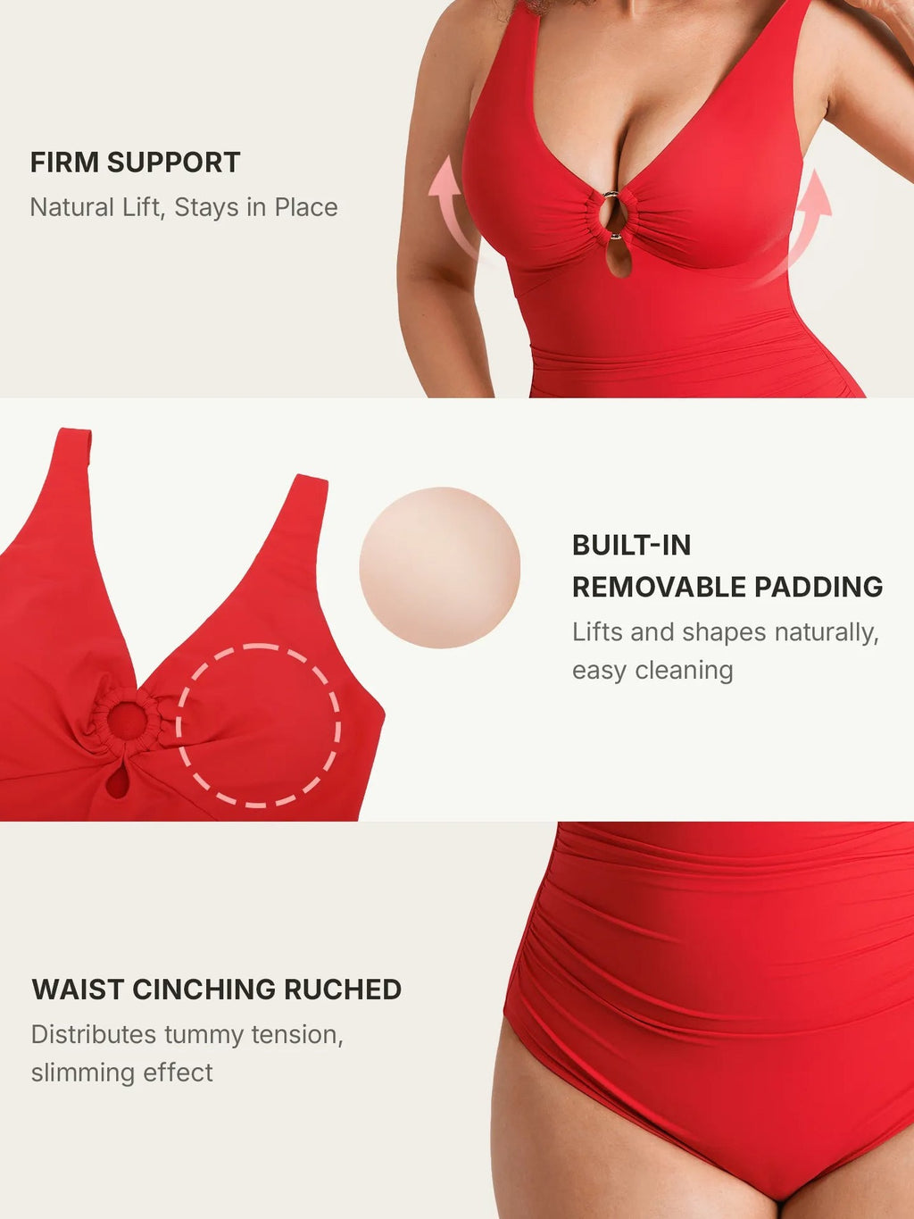 Feelingirl Deep V Metal Ring Ruched Sculpting Swimsuit