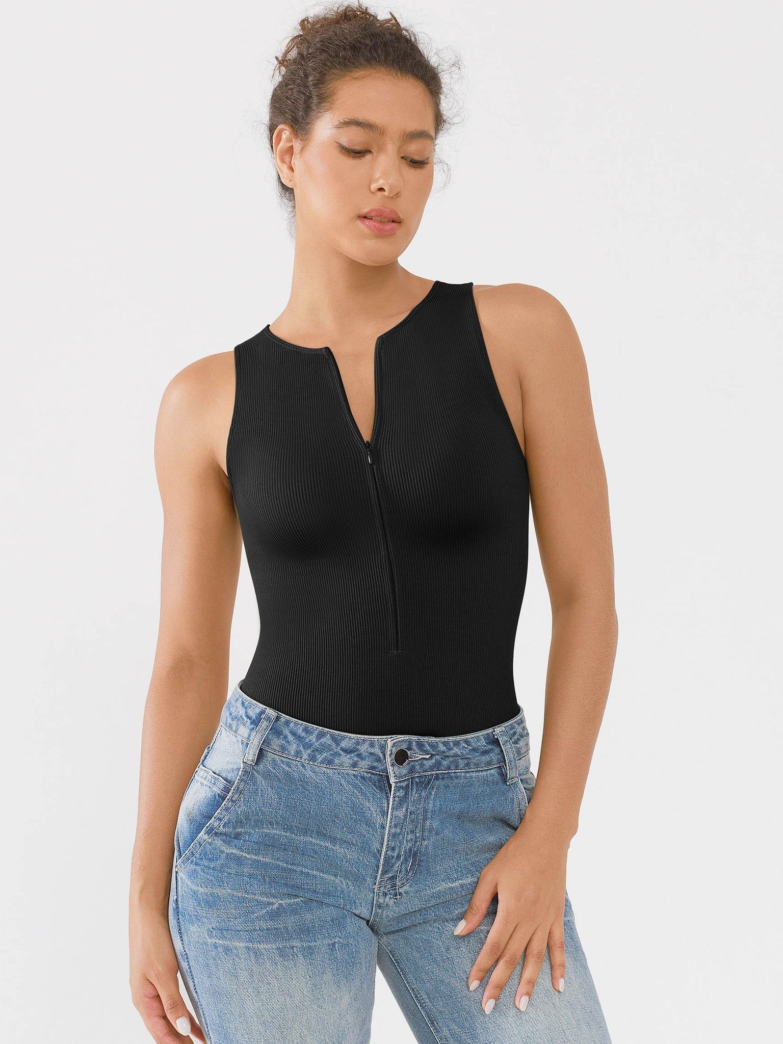 Crew Neck Invisible Zip Ribbed Seamless Bodysuit