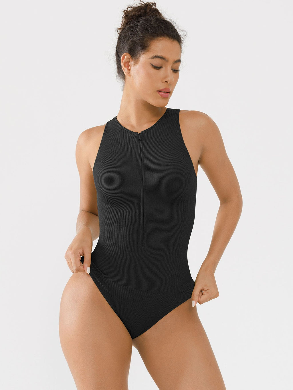 Crew Neck Invisible Zip Ribbed Seamless Bodysuit