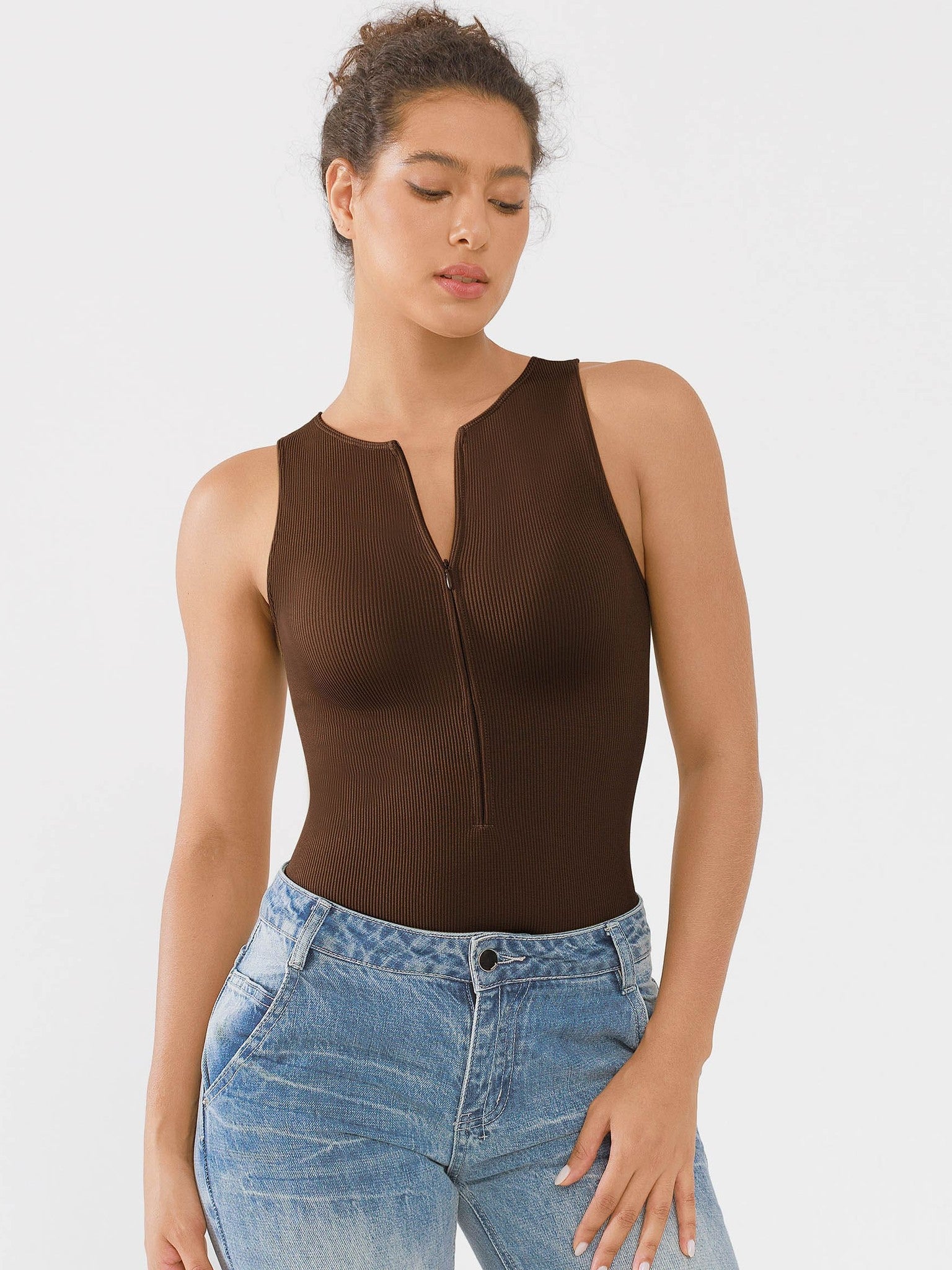 Crew Neck Invisible Zip Ribbed Seamless Bodysuit