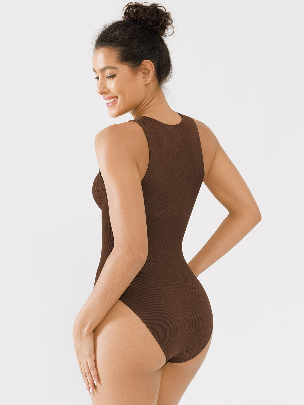 Crew Neck Invisible Zip Ribbed Seamless Bodysuit