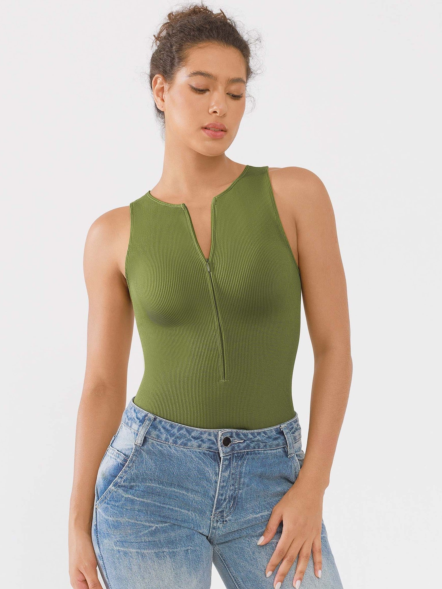 Crew Neck Invisible Zip Ribbed Seamless Bodysuit