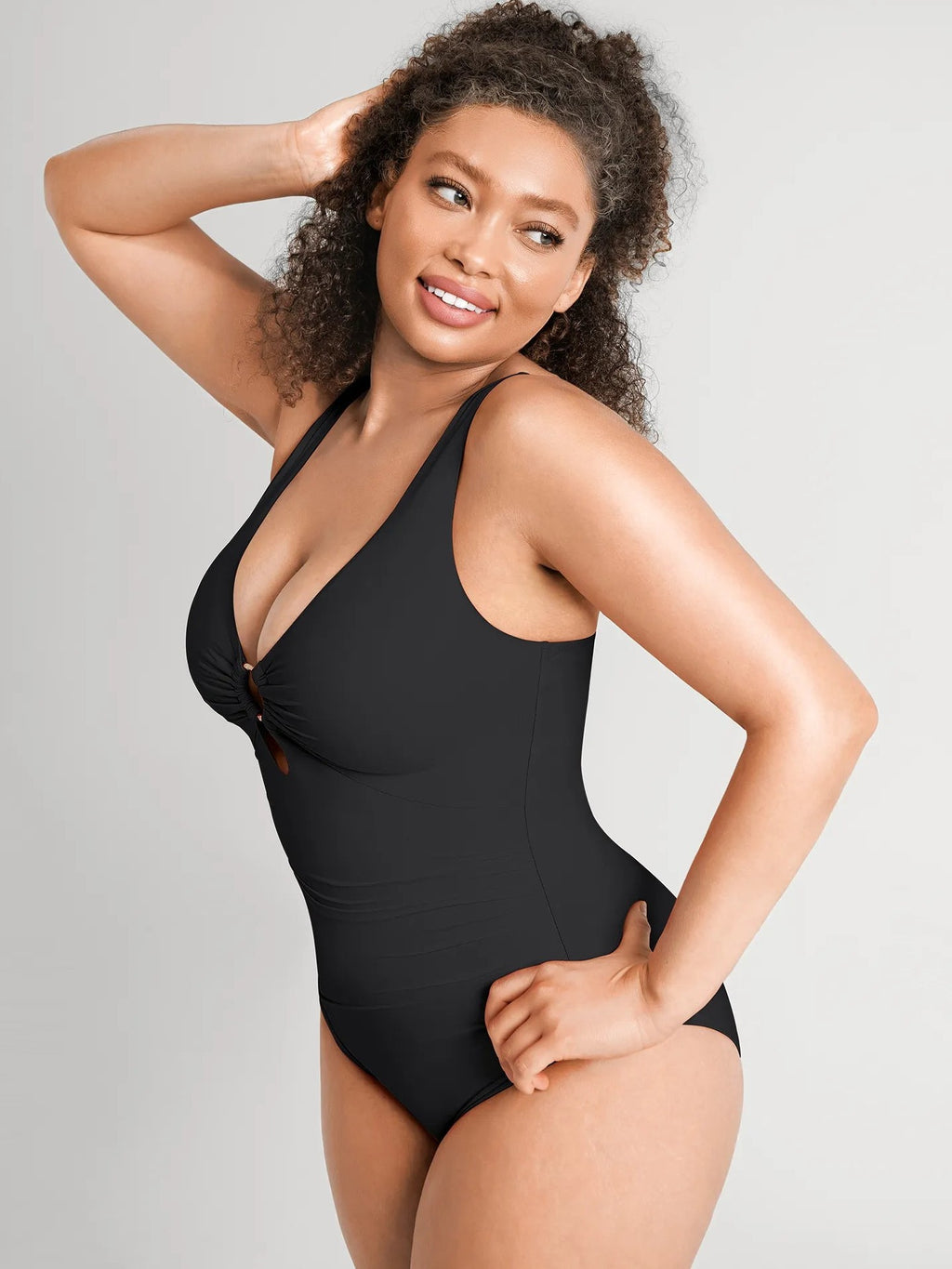 Feelingirl Deep V Metal Ring Ruched Sculpting Swimsuit