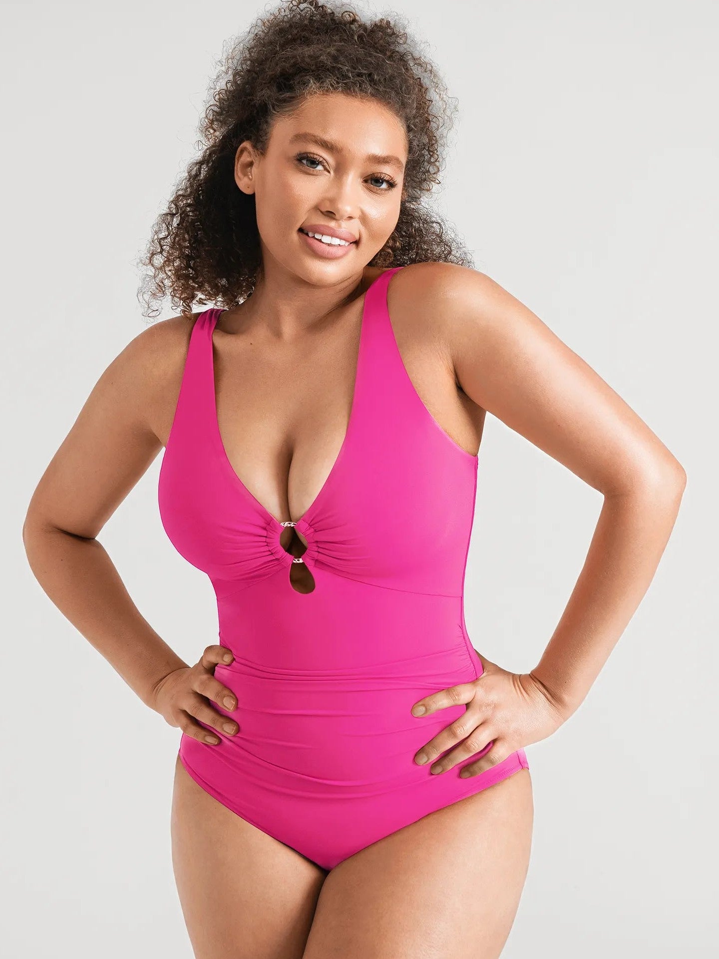 Feelingirl Deep V Metal Ring Ruched Sculpting Swimsuit
