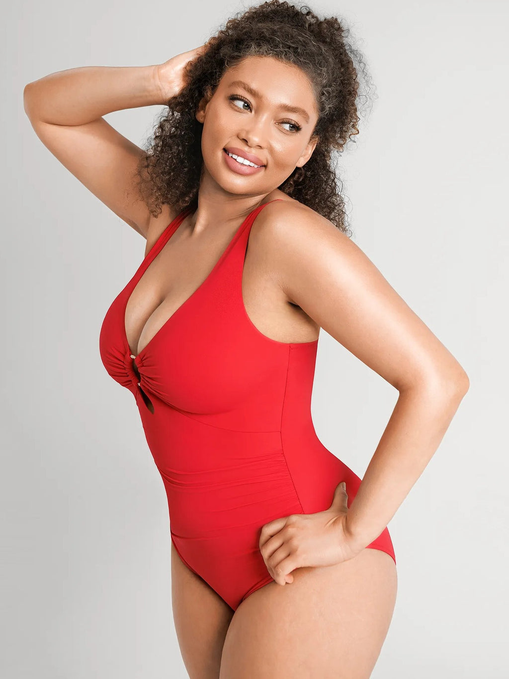 Feelingirl Deep V Metal Ring Ruched Sculpting Swimsuit