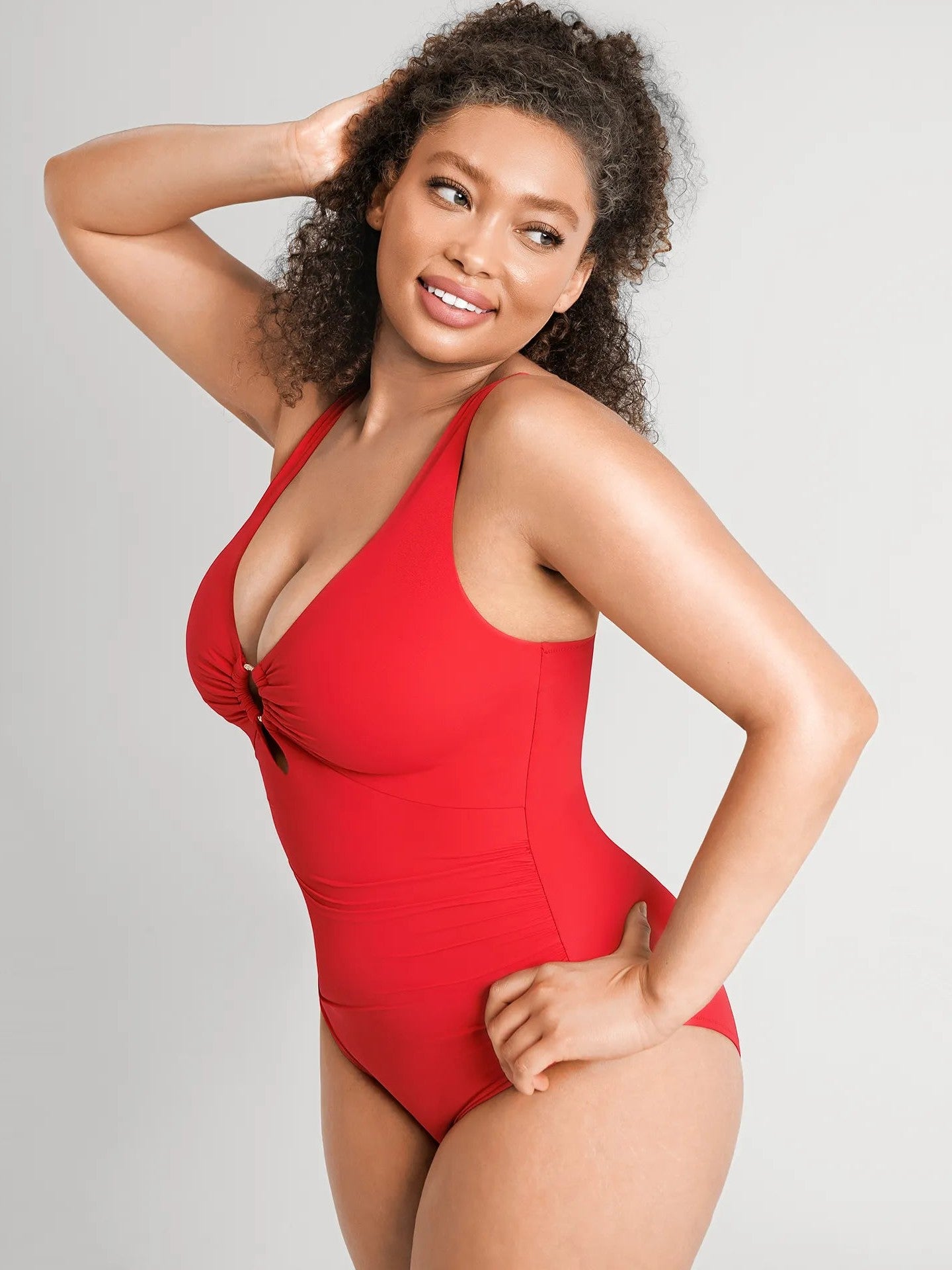 Feelingirl Deep V Metal Ring Ruched Sculpting Swimsuit