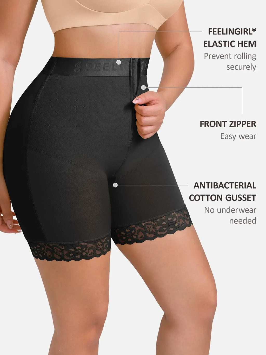 Feelingirl Front-Zip Mid-Waist Shapewear Shorts