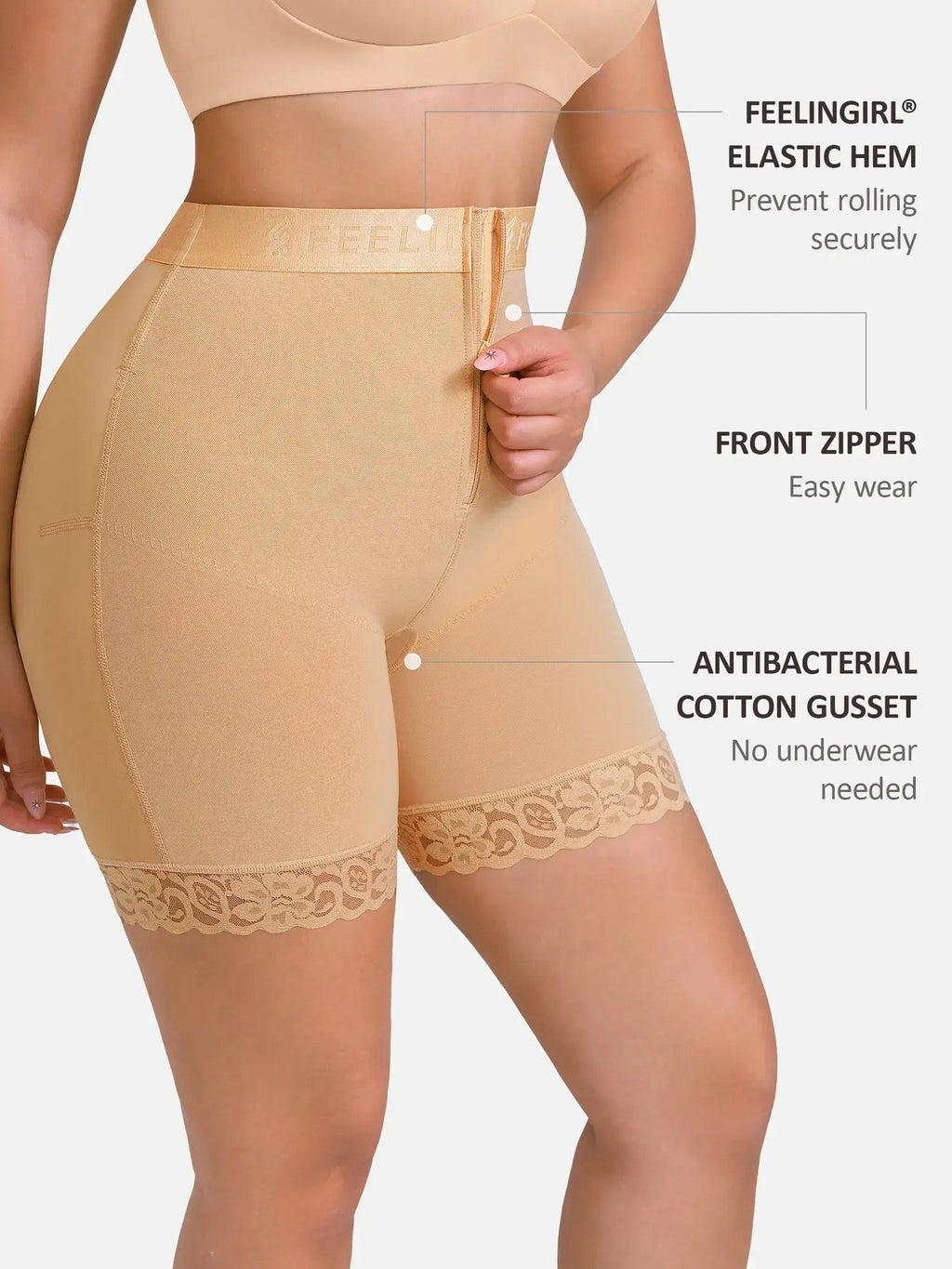 Feelingirl Front-Zip Mid-Waist Shapewear Shorts