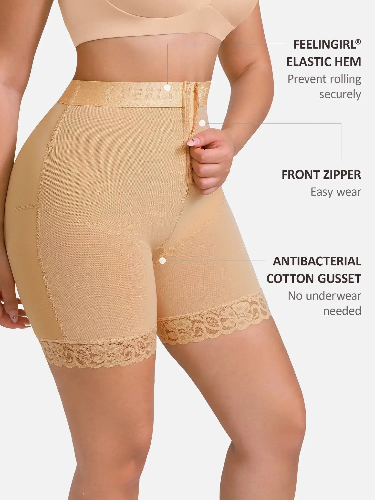 Feelingirl Front-Zip Mid-Waist Shapewear Shorts
