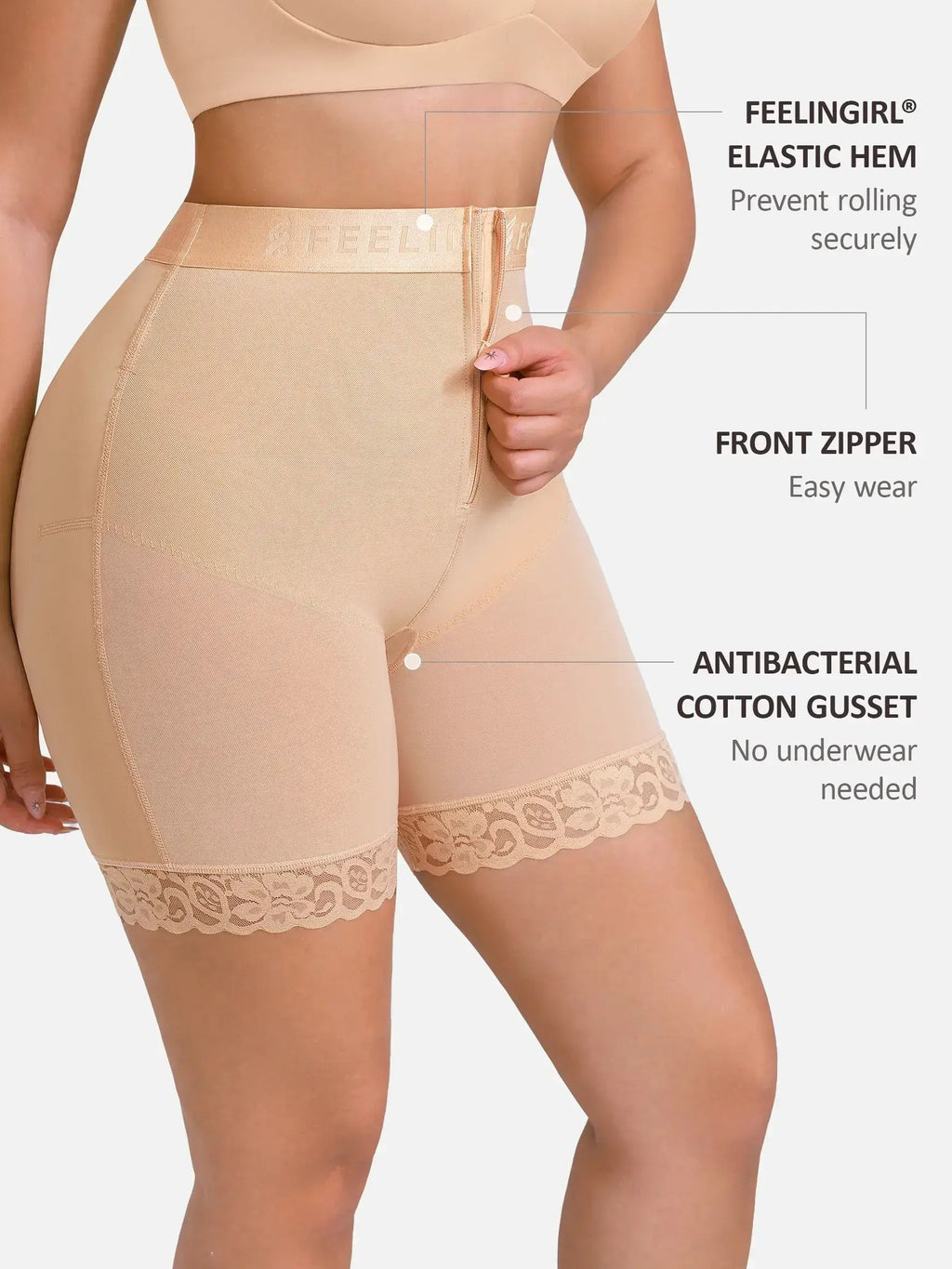 Feelingirl Front-Zip Mid-Waist Shapewear Shorts