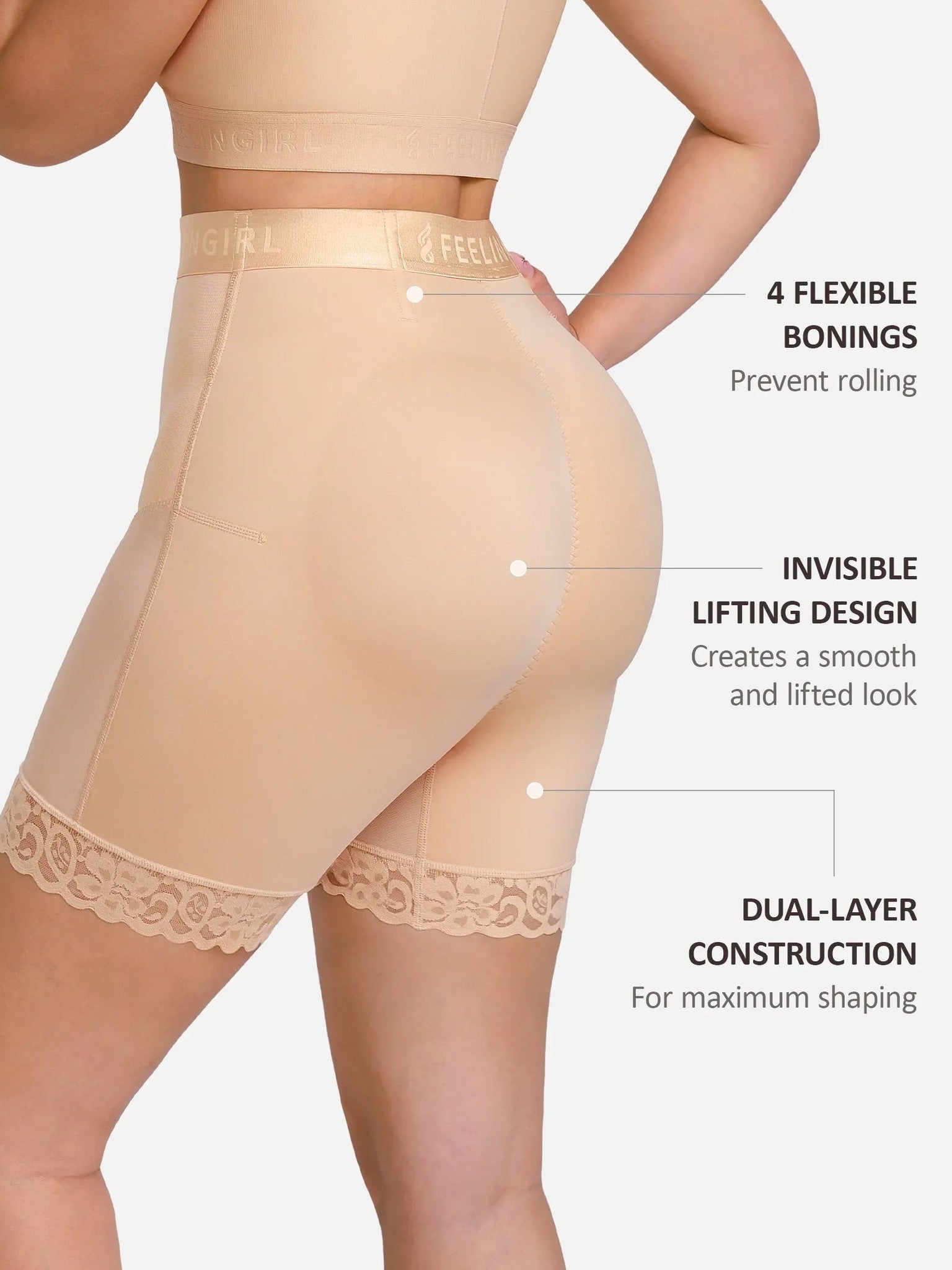 Feelingirl Front-Zip Mid-Waist Shapewear Shorts